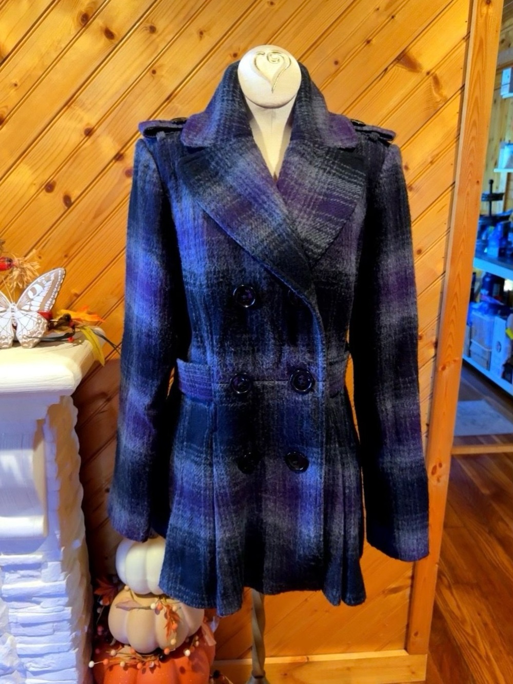 Y2K Worthington Wool Blend Purple Grey Plaid Fit & Flare Peacoat Small